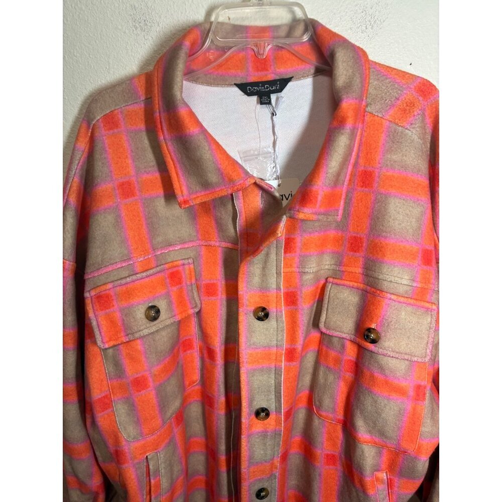 NWT Davi & Dani Shacket Shirt Felt Jacket Soft Check Vibrant Orange Beige Sz 2XL - Picture 3 of 8